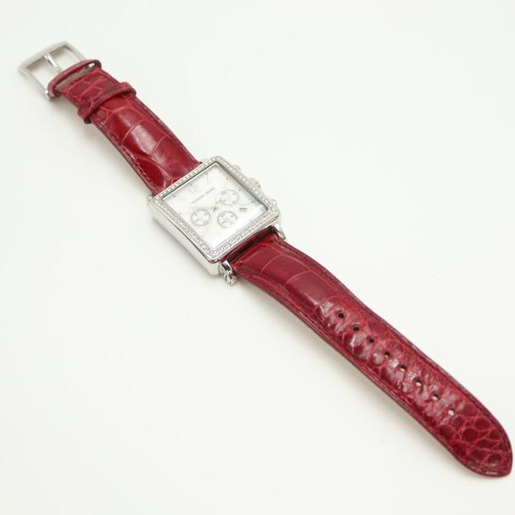 Michael Kors Silver Tone Square 33mm MOP Chronograph Watch Red Alligator Strap